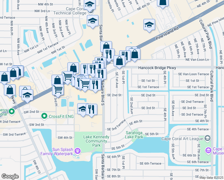 map of restaurants, bars, coffee shops, grocery stores, and more near 160 Southeast Santa Barbara Place in Cape Coral