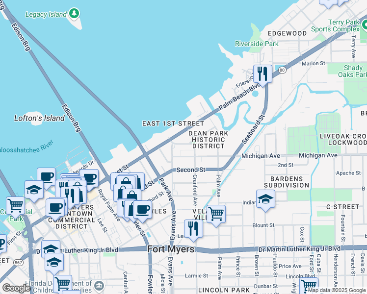 map of restaurants, bars, coffee shops, grocery stores, and more near 2644 Providence Street in Fort Myers