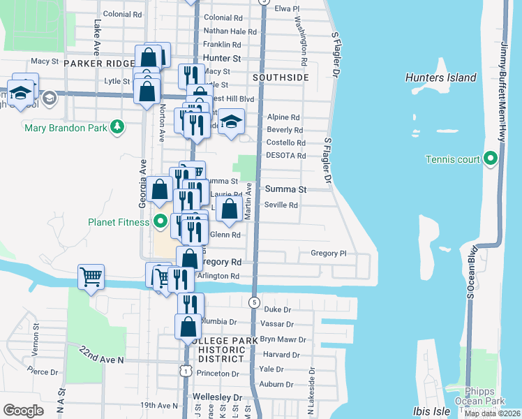 map of restaurants, bars, coffee shops, grocery stores, and more near 260 Seville Road in West Palm Beach