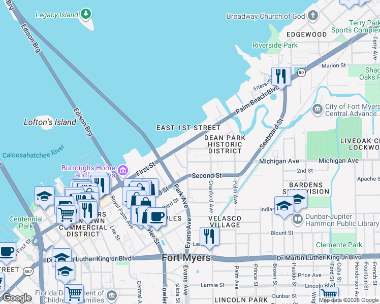 map of restaurants, bars, coffee shops, grocery stores, and more near 2644 Providence Street in Fort Myers