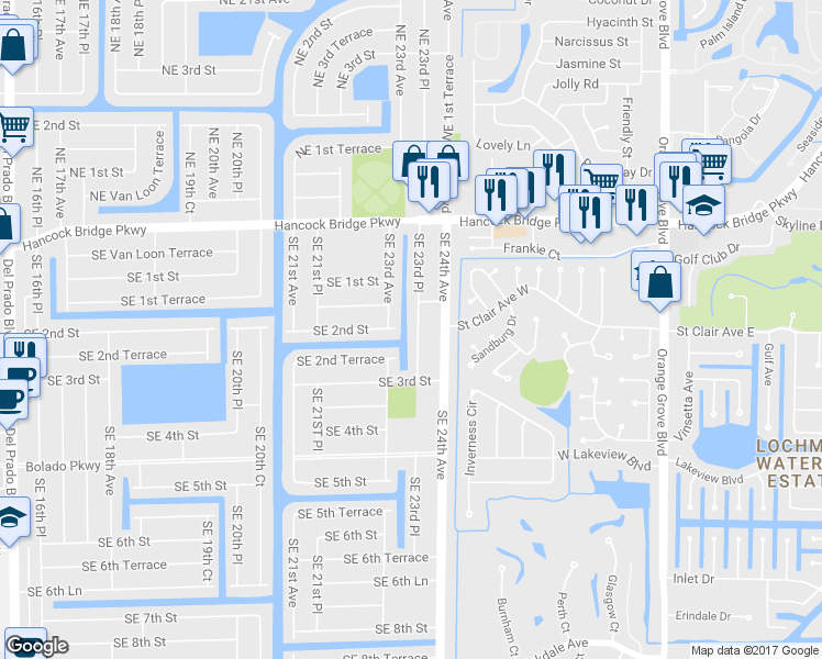 map of restaurants, bars, coffee shops, grocery stores, and more near 130 SE 23rd Pl in Cape Coral