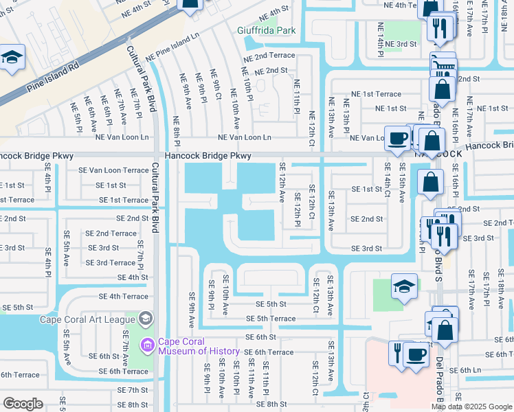 map of restaurants, bars, coffee shops, grocery stores, and more near 1112 Southeast 1st Terrace in Cape Coral