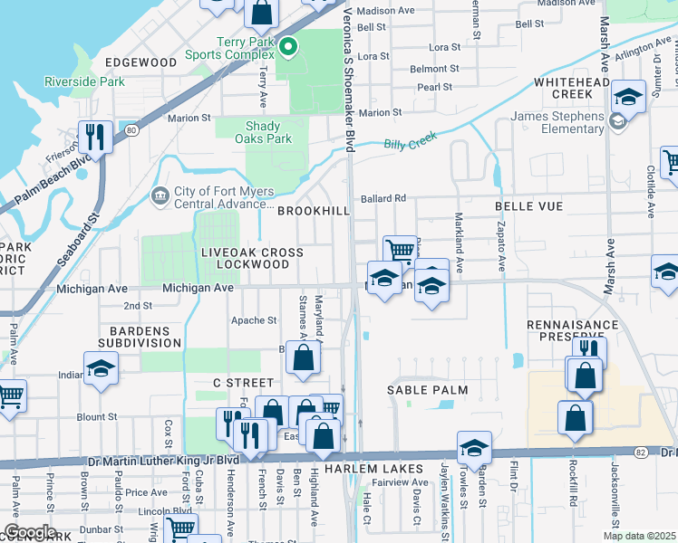 map of restaurants, bars, coffee shops, grocery stores, and more near 1527 Gardenia Avenue in Fort Myers