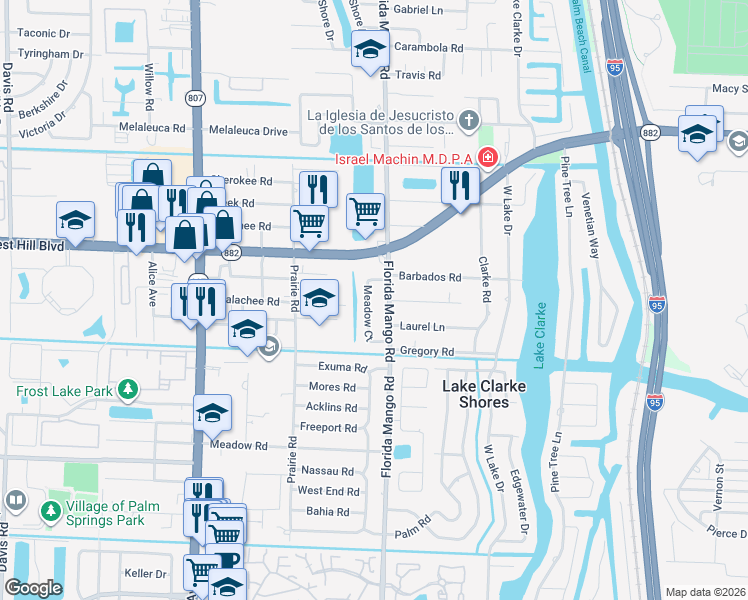 map of restaurants, bars, coffee shops, grocery stores, and more near 1856 Meadow Court in West Palm Beach
