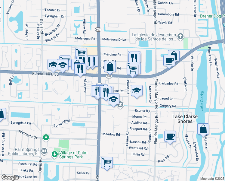 map of restaurants, bars, coffee shops, grocery stores, and more near 2909 Apalachee Road in Palm Springs