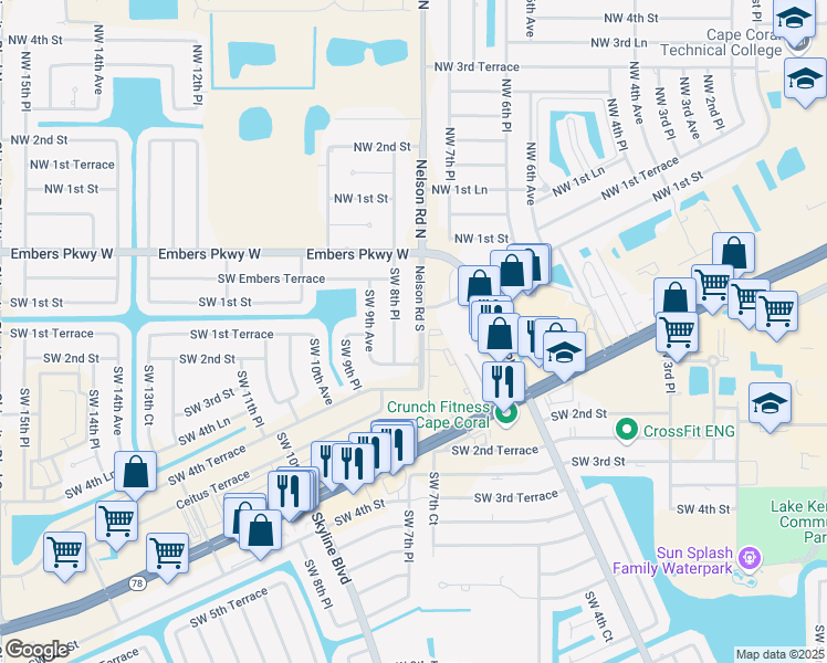 map of restaurants, bars, coffee shops, grocery stores, and more near 116 Nelson Road North in Cape Coral