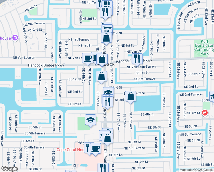 map of restaurants, bars, coffee shops, grocery stores, and more near 131 Del Prado Boulevard South in Cape Coral