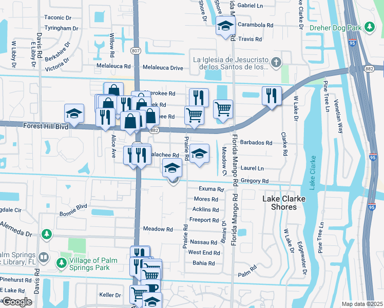 map of restaurants, bars, coffee shops, grocery stores, and more near 2715 Prairie Lane in Palm Springs