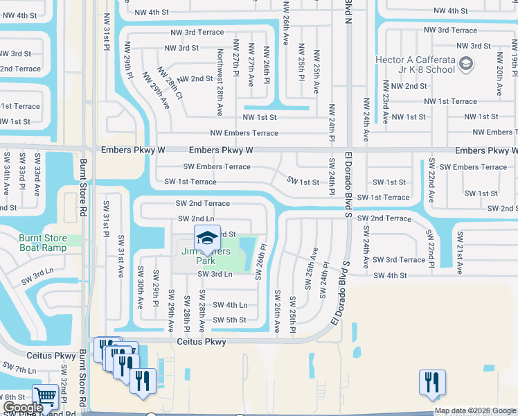 map of restaurants, bars, coffee shops, grocery stores, and more near 2624 Southwest 2nd Terrace in Cape Coral