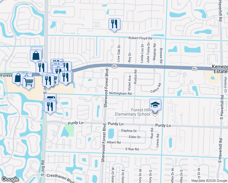 map of restaurants, bars, coffee shops, grocery stores, and more near 5935 Nottingham Road in West Palm Beach