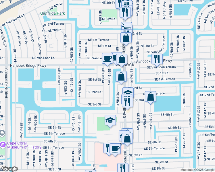 map of restaurants, bars, coffee shops, grocery stores, and more near 114 Southeast 15th Avenue in Cape Coral