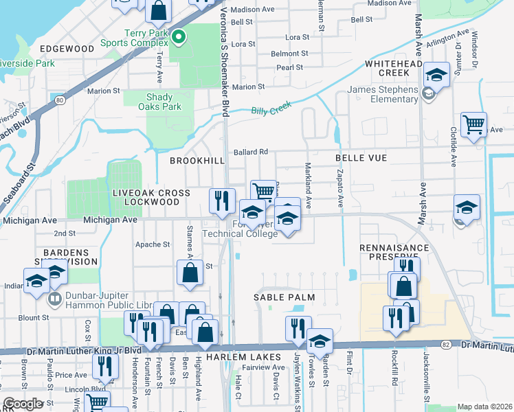 map of restaurants, bars, coffee shops, grocery stores, and more near 1538 Lura Avenue in Fort Myers