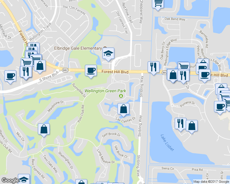 map of restaurants, bars, coffee shops, grocery stores, and more near 11198 Polo Club Road in Wellington