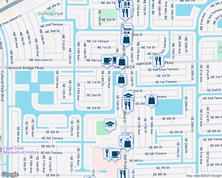 map of restaurants, bars, coffee shops, grocery stores, and more near 114 Southeast 15th Avenue in Cape Coral