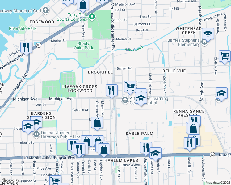 map of restaurants, bars, coffee shops, grocery stores, and more near 1527 Veronica S Shoemaker Boulevard in Fort Myers