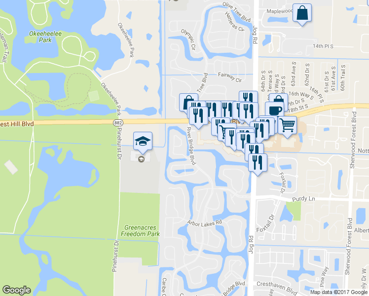 map of restaurants, bars, coffee shops, grocery stores, and more near 157 Island Way in Greenacres