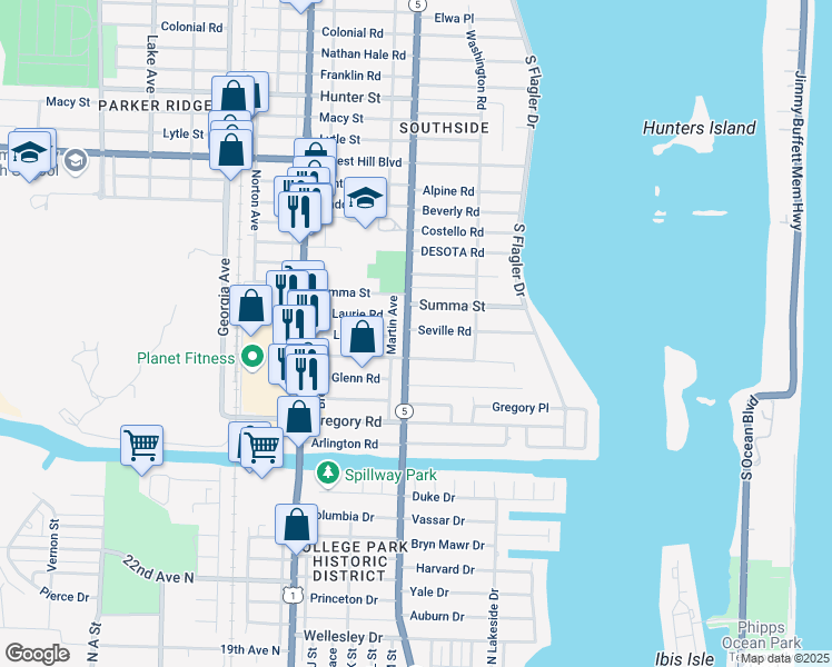 map of restaurants, bars, coffee shops, grocery stores, and more near 260 Seville Road in West Palm Beach