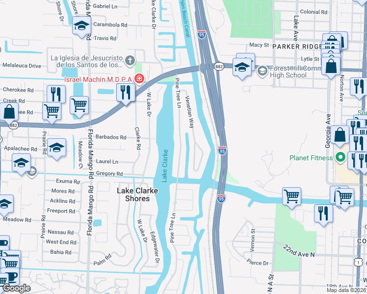 map of restaurants, bars, coffee shops, grocery stores, and more near 7304 Pine Tree Lane in West Palm Beach