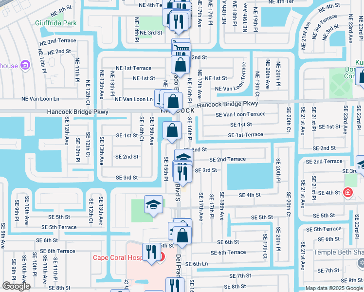 map of restaurants, bars, coffee shops, grocery stores, and more near 131 Del Prado Boulevard South in Cape Coral