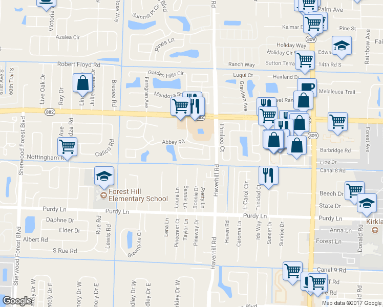 map of restaurants, bars, coffee shops, grocery stores, and more near 5250 Pine Abbey Drive South in West Palm Beach