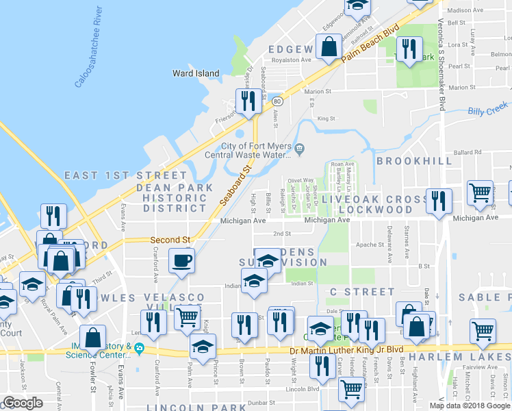 map of restaurants, bars, coffee shops, grocery stores, and more near 1539 High Street in Fort Myers