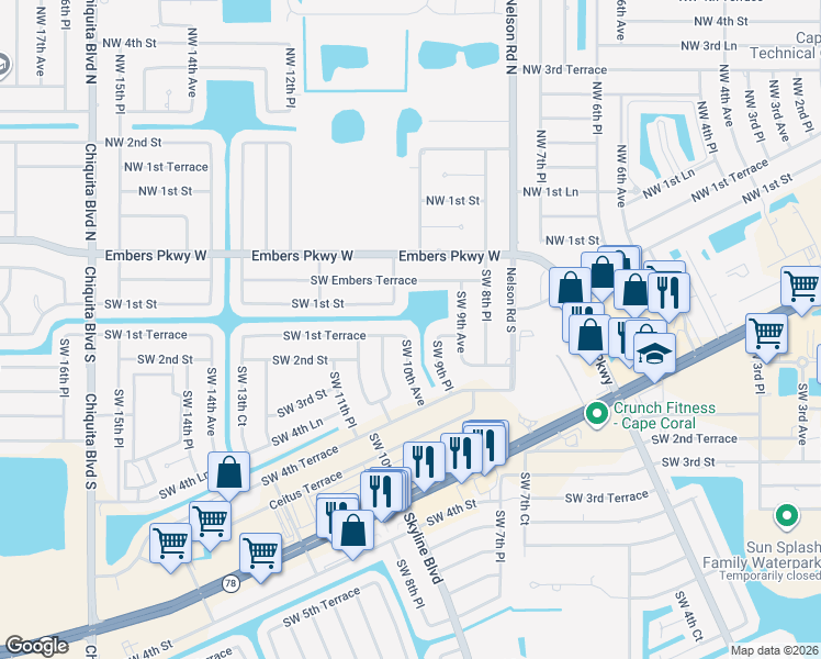 map of restaurants, bars, coffee shops, grocery stores, and more near 1001 Southwest 1st Terrace in Cape Coral