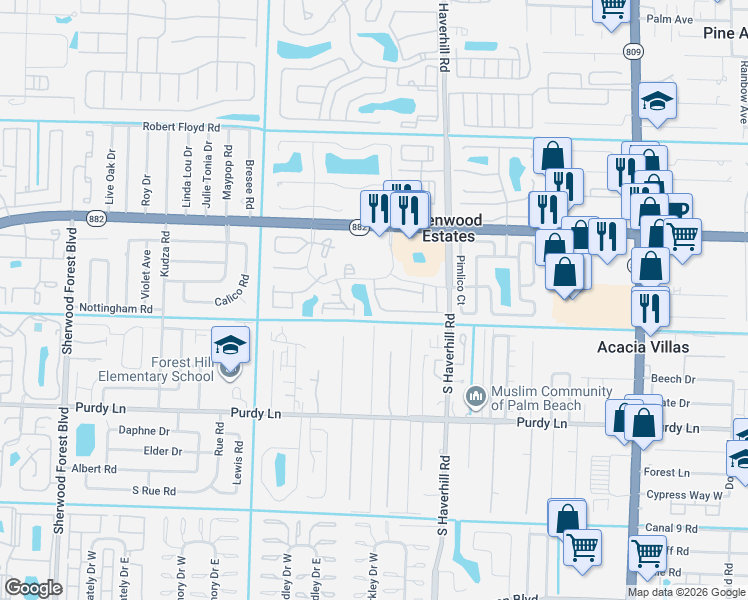 map of restaurants, bars, coffee shops, grocery stores, and more near 5236 Pine Abbey Drive South in West Palm Beach