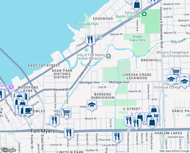 map of restaurants, bars, coffee shops, grocery stores, and more near 1539 High Street in Fort Myers