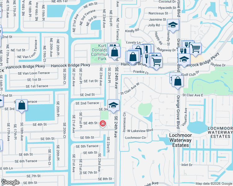 map of restaurants, bars, coffee shops, grocery stores, and more near in Cape Coral