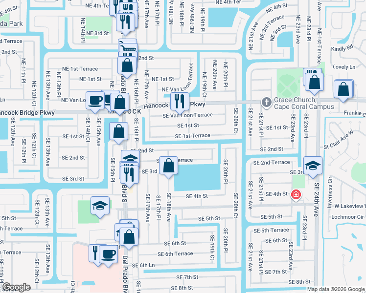 map of restaurants, bars, coffee shops, grocery stores, and more near 1821 Southeast 2nd Street in Cape Coral