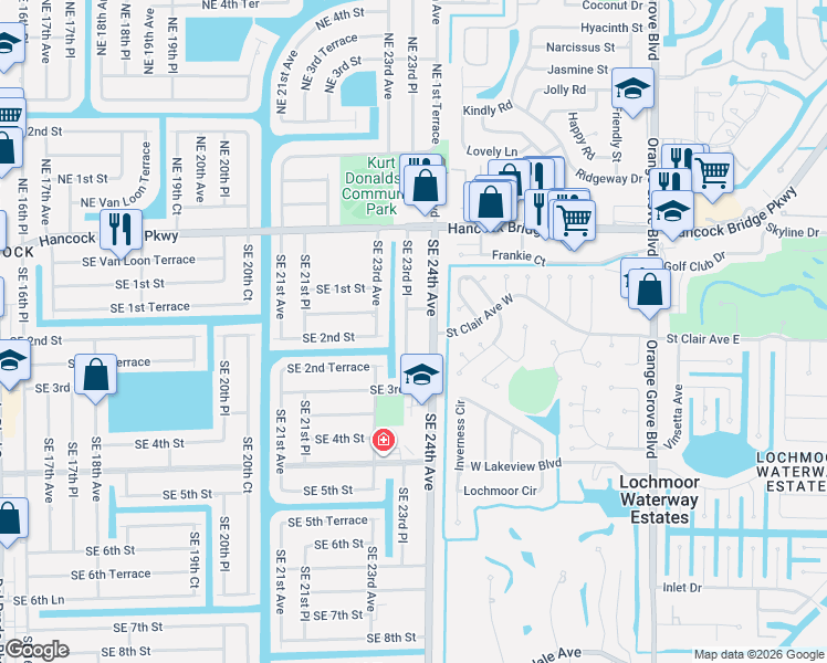 map of restaurants, bars, coffee shops, grocery stores, and more near 129 Southeast 23rd Place in Cape Coral