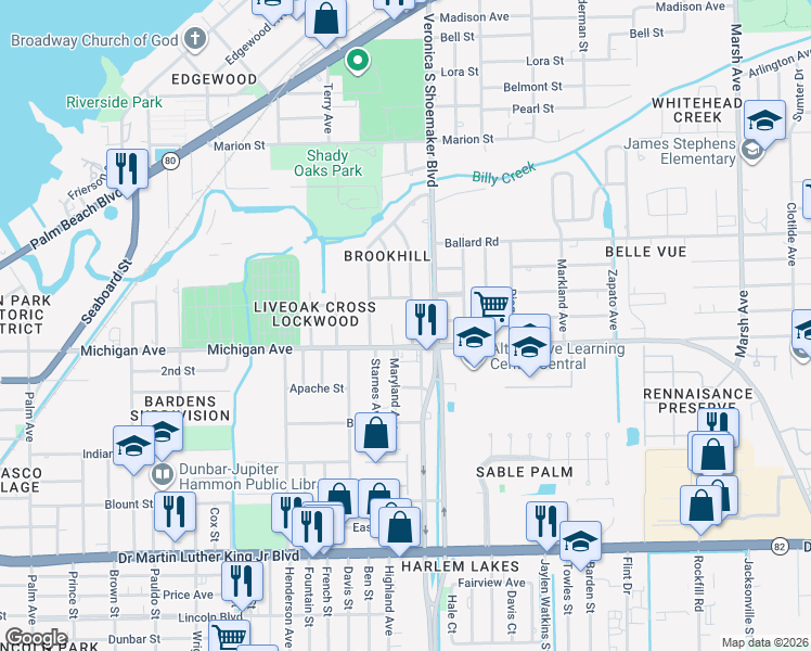 map of restaurants, bars, coffee shops, grocery stores, and more near 1522 Gardenia Avenue in Fort Myers