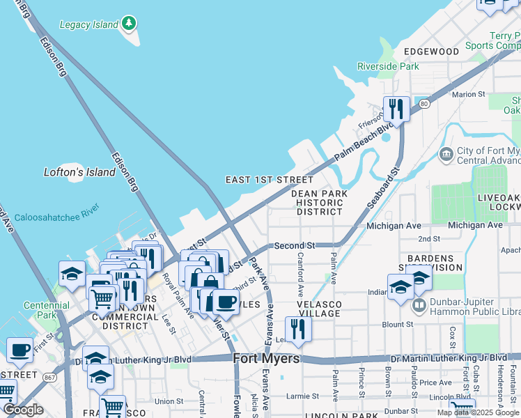 map of restaurants, bars, coffee shops, grocery stores, and more near 2590 First Street in Fort Myers