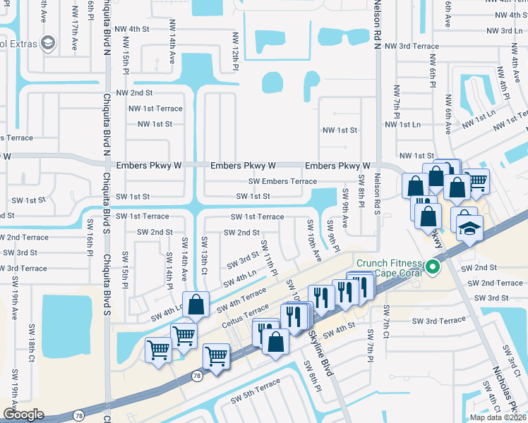 map of restaurants, bars, coffee shops, grocery stores, and more near 1113 Southwest 1st Terrace in Cape Coral