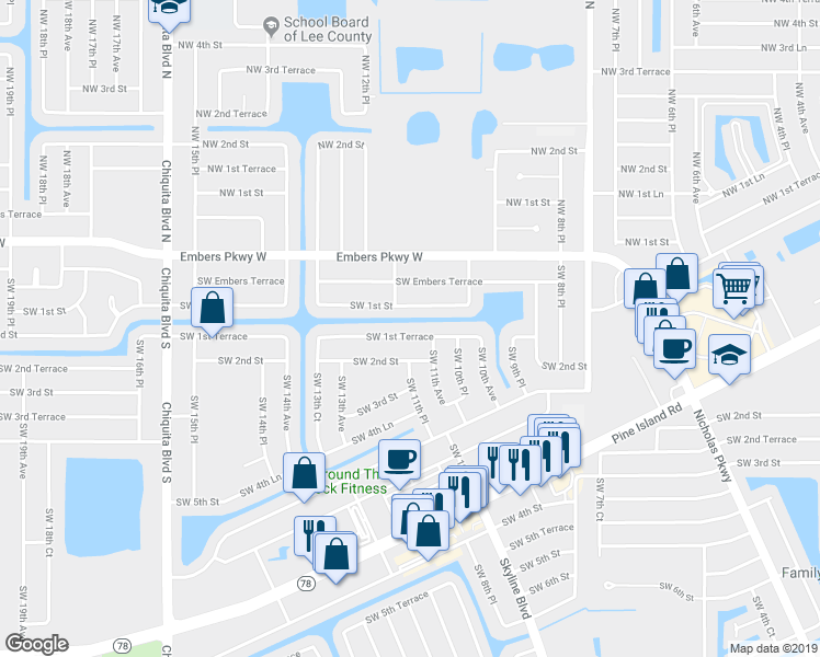 map of restaurants, bars, coffee shops, grocery stores, and more near 1113 Southwest 1st Terrace in Cape Coral