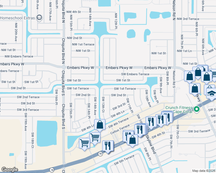 map of restaurants, bars, coffee shops, grocery stores, and more near 1303 Southwest 1st Terrace in Cape Coral
