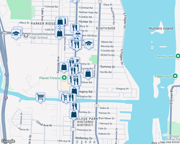 map of restaurants, bars, coffee shops, grocery stores, and more near 339 Leigh Road in West Palm Beach