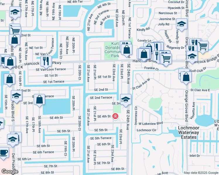 map of restaurants, bars, coffee shops, grocery stores, and more near 2219 Southeast 2nd Street in Cape Coral
