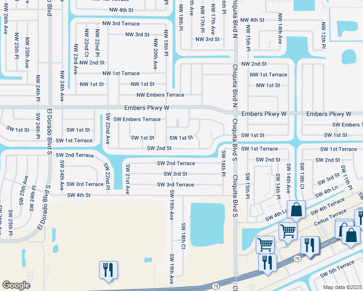 map of restaurants, bars, coffee shops, grocery stores, and more near 1819 Southwest 2nd Street in Cape Coral