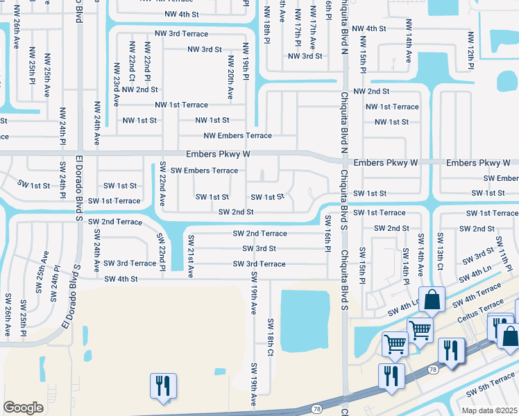 map of restaurants, bars, coffee shops, grocery stores, and more near 1819 Southwest 2nd Street in Cape Coral