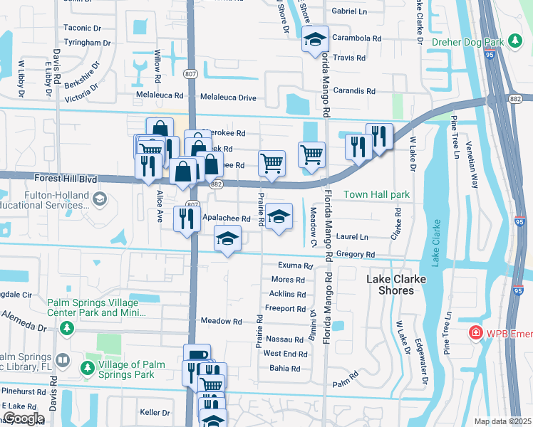 map of restaurants, bars, coffee shops, grocery stores, and more near 2715 Prairie Lane in Palm Springs