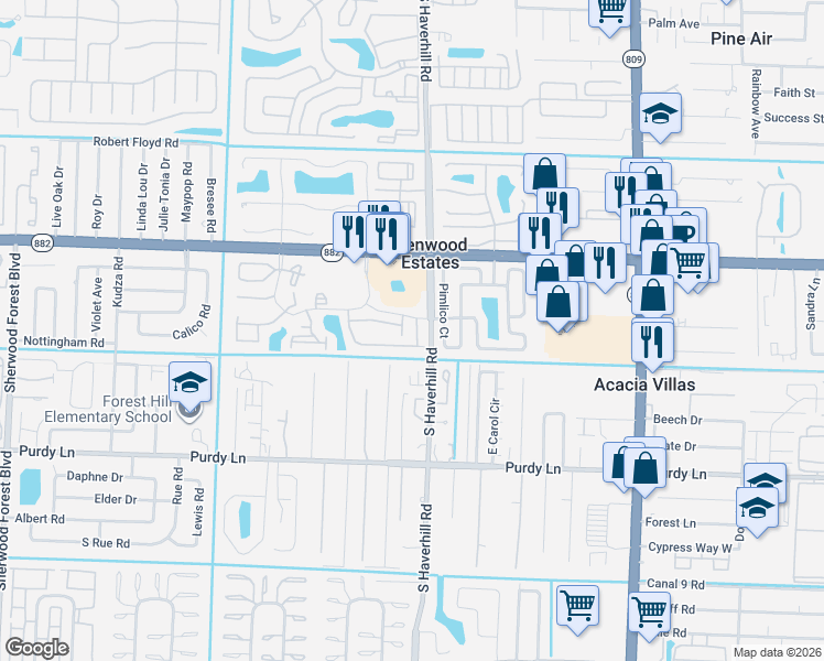 map of restaurants, bars, coffee shops, grocery stores, and more near 5044 Pine Abbey Drive South in West Palm Beach