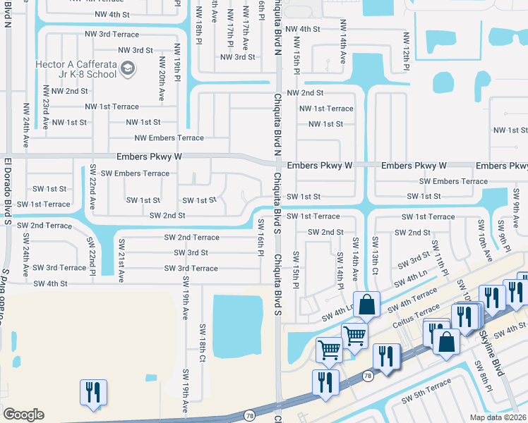 map of restaurants, bars, coffee shops, grocery stores, and more near 1611 Southwest 1st Terrace in Cape Coral