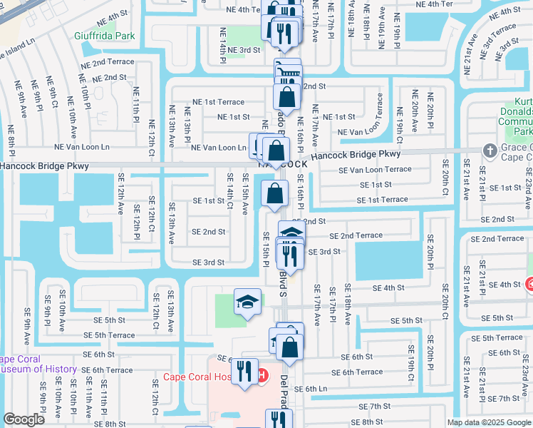 map of restaurants, bars, coffee shops, grocery stores, and more near 3 Southeast 15th Place in Cape Coral