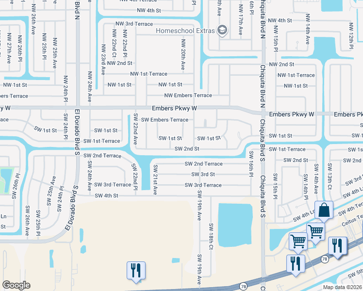 map of restaurants, bars, coffee shops, grocery stores, and more near 1907 Southwest 2nd Street in Cape Coral