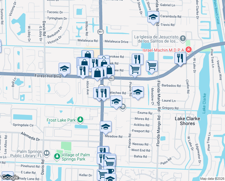 map of restaurants, bars, coffee shops, grocery stores, and more near 2909 Apalachee Road in Palm Springs