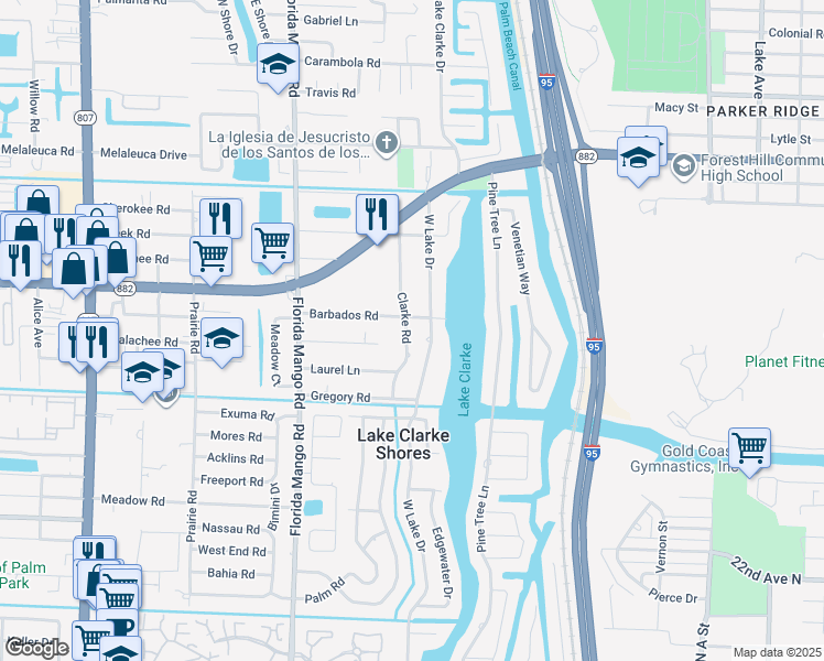 map of restaurants, bars, coffee shops, grocery stores, and more near 7306 Clarke Road in West Palm Beach