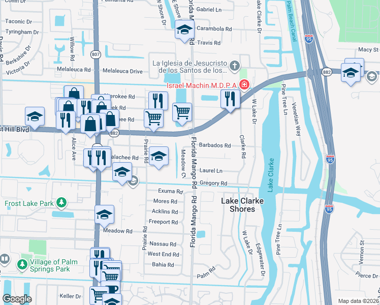 map of restaurants, bars, coffee shops, grocery stores, and more near 1856 Meadow Court in West Palm Beach