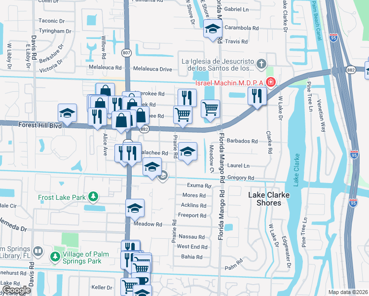 map of restaurants, bars, coffee shops, grocery stores, and more near 2715 Prairie Lane in Palm Springs