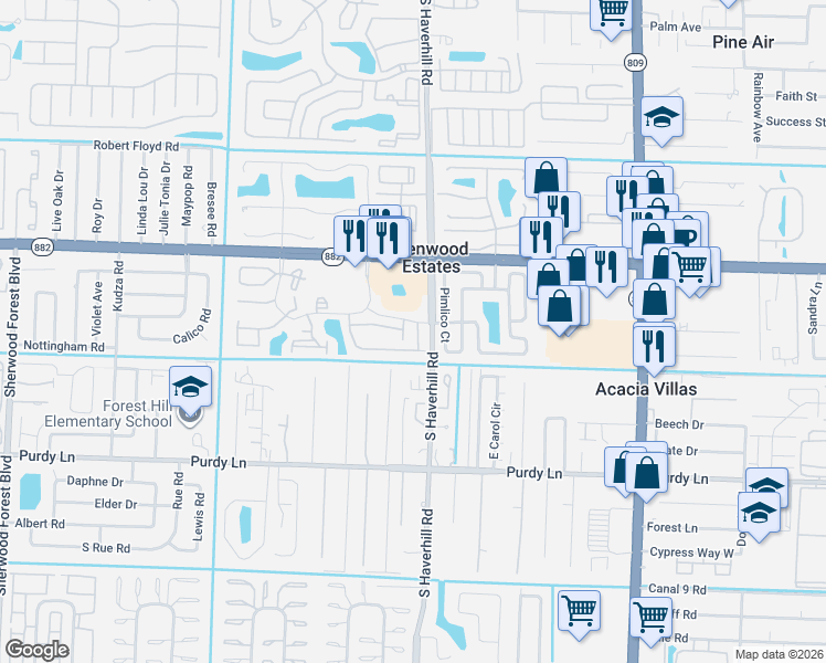 map of restaurants, bars, coffee shops, grocery stores, and more near 5044 Pine Abbey Drive South in West Palm Beach